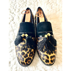 Jitai Men’s Dress Leopard print Tassel Loafer Shoes Black and Gold Size 8